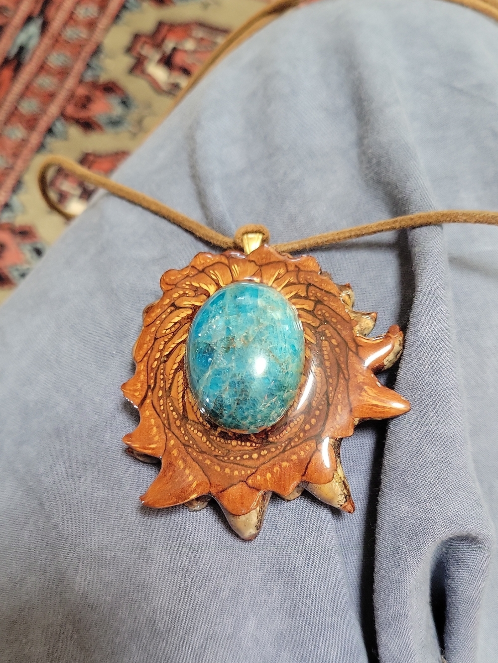 Blue Apatite Pinecone Necklace Resin Coated Brass Om Symbol